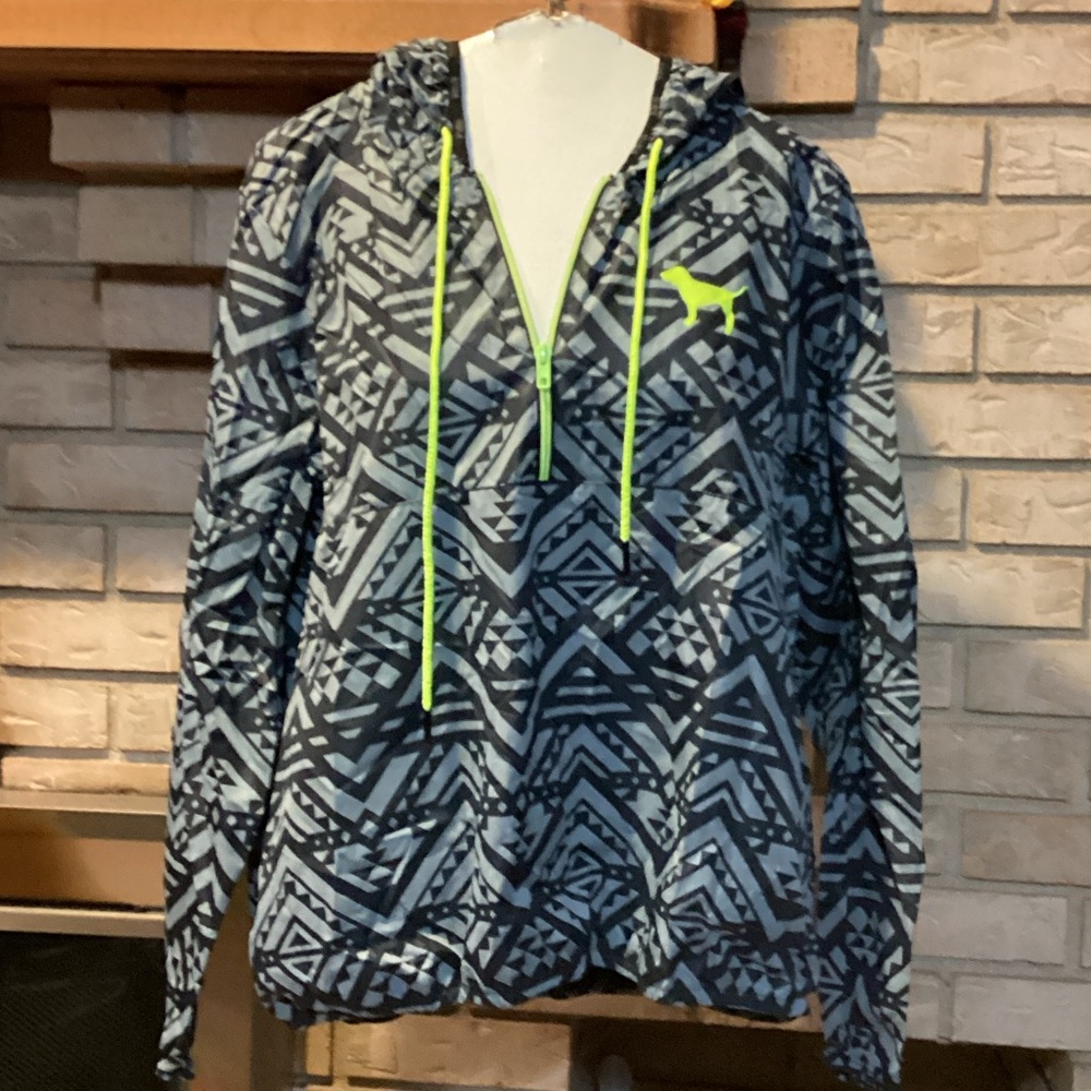 PINK Victoria's Secret raincoat pullover jacket Hoodie with Neon Yellow Accents